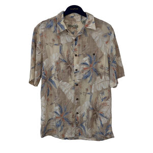Men's Batik Bay Button Down Shirt Size M Beige Blue Palm Tree Print